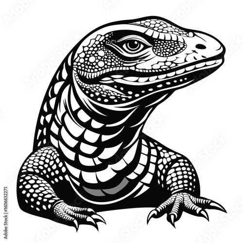 Striking Monochrome Illustration of a Monitor Lizard with Detailed Scales and Bold Patterns in a Graphic Style Design