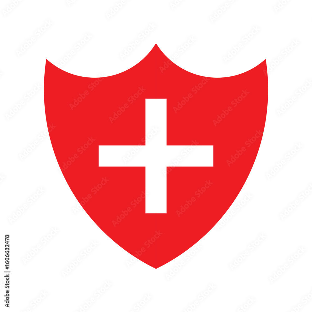 Obraz premium Vector illustration of a red shield with a white cross symbol, representing medical protection, healthcare, or antibacterial safety. Perfect for health-related content, disinfectant labels, and safety