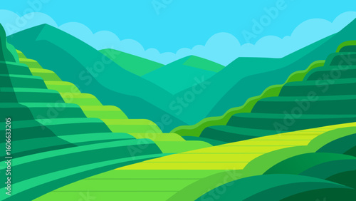 Witness a Lush Terraced Valley with Steep Sides Covered in Rice Paddies