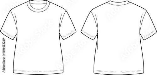 Classic crew neck t-shirt flat sketch, front and back views, short-sleeve top, blank garment, customizable template, fashion design, basic apparel, unisex casual wear, everyday essential.