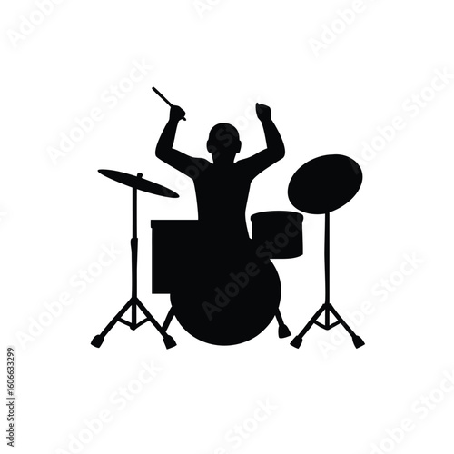 Silhouette of a drummer playing drums and cymbals in vector format