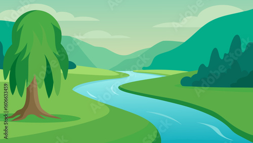 Observe a Peaceful River Flowing Gently Through a Wide Green Valley