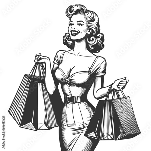 cheerful woman with long hair holding shopping bags and giving a thumbs up sketch engraving generative ai fictional character vector illustration. Scratch board imitation. Black and white image.