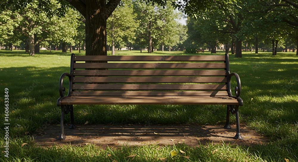 A solitary wooden park bench sits under the dappled shade of a large tree, surrounded by lush green grass in a peaceful and inviting park on a sunny day. A solitary wooden park bench sits under the dappled shade of a large tree, surrounded by lush green grass in a peaceful and inviting park on a sunny day.