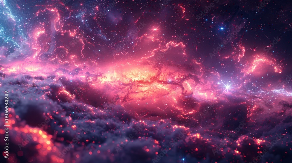 Fototapeta premium Cosmic nebula of red and blue interstellar dust, with bright, glowing points of light