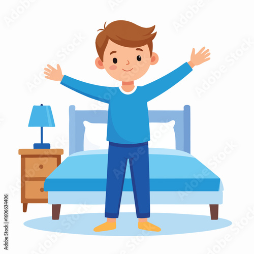 A cheerful boy stretches his arms in front of his bed.