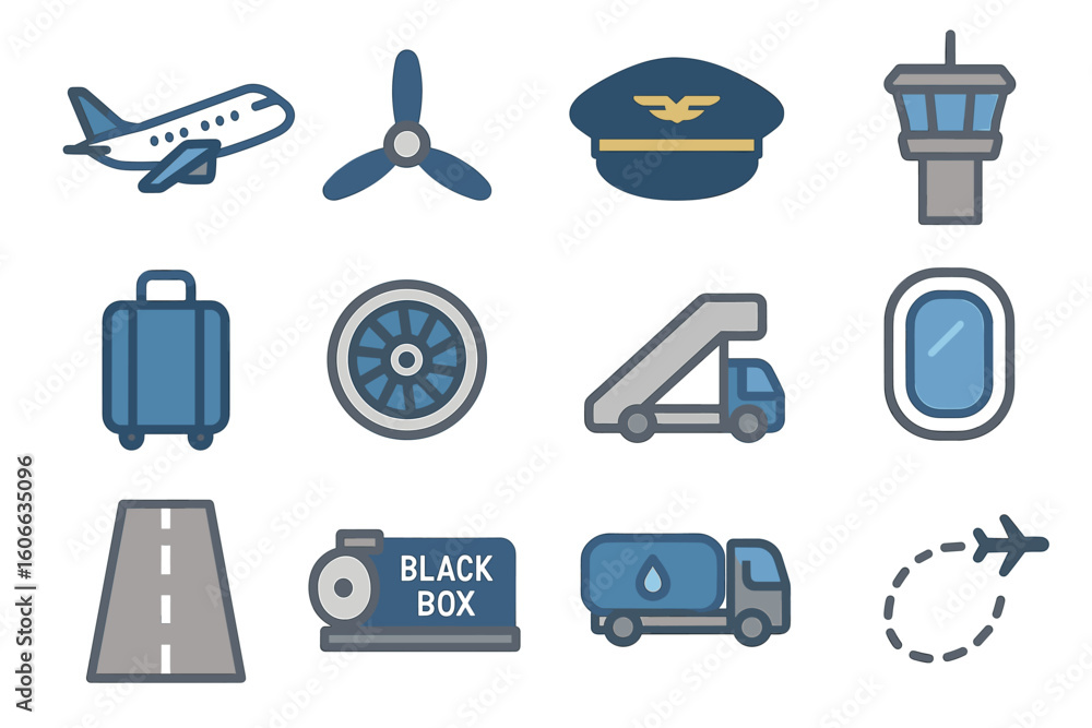 Naklejka premium Aviation elements: airplane, cockpit, baggage, aerodrome, luggage, engine, black box, fuel, runway, flight path