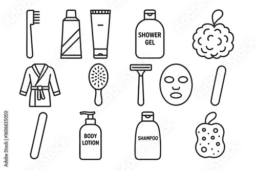 Line art icons of personal care products: shampoo, shower gel, body lotion, razor, loofah