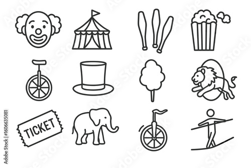 Circus icons set: clown, tent, juggling pins, popcorn, unicycle, top hat, cotton candy, lion, ticket, elephant, tightrope walker