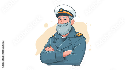 A digital illustration, vector graphic, or cartoon drawing of a senior man with a long grey beard and mustache. He is wearing a dark blue captain's uniform with gold epaulets