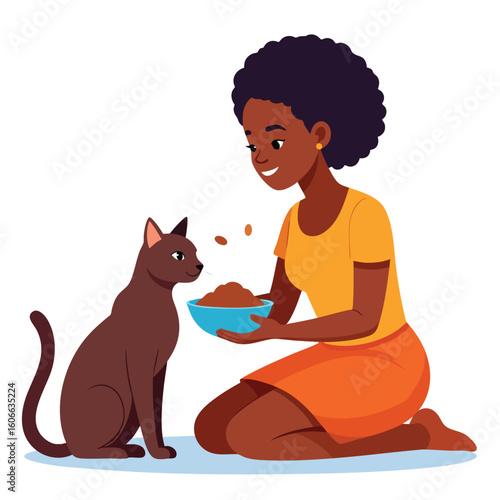 A woman kneels, holding a bowl of food towards a brown cat, smiling.