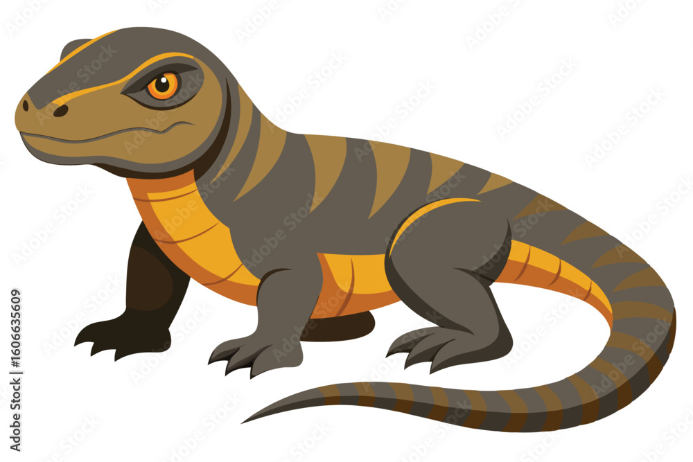 Obraz premium Cartoon Komodo Dragon Illustration Striking Pose Showing its Unique Markings and Reptilian Features Displaying Brown and Yellow Hues