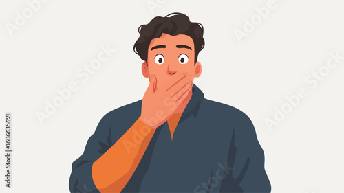 A vector illustration of a young man with short, dark curly hair. He has a surprised expression on his face, his eyes wide, and his hand covering his mouth. His skin tone is light brown,
