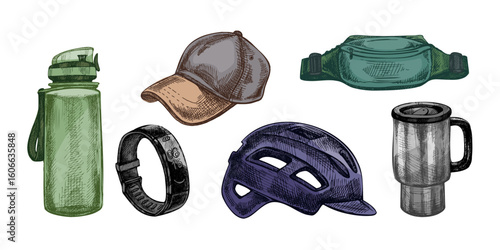 Hand drawn vintage sketch of travel and sport gear in color with bottle, cap, helmet and accessories