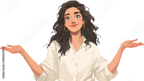 Digital illustration of a young woman with long, curly brown hair. She is wearing a simple, white, button-up shirt and has a slightly unsure or questioning expression on her face. 