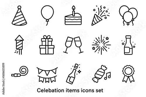 Celebration icons: balloons, cake, fireworks, gifts, champagne - black and white set