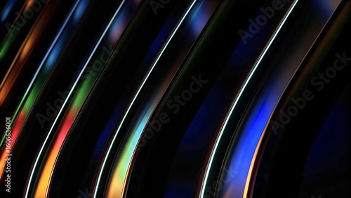 Reflective Arc – Curved Glass Surface, Green-Blue-Yellow Gradient, Gloss Texture, Abstract Reflection, Dark Background, Conceptual Optics