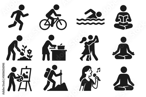 Silhouette icons of various hobbies and activities including exercise and leisure