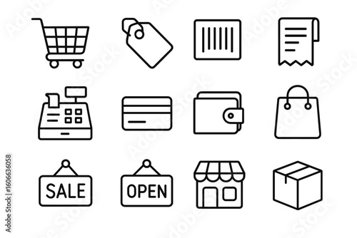 Shopping and retail icons: cart, tags, barcode, receipt, cash register, card, wallet, bag, sale, open, store, box
