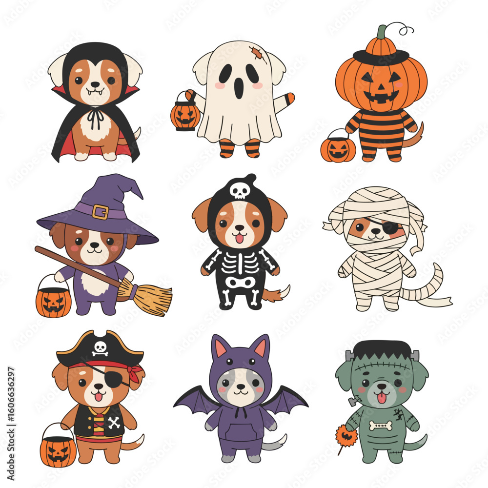 Obraz premium Halloween Dogs: A delightful collection of cartoon dogs in playful halloween costumes ready for trick-or-treating.