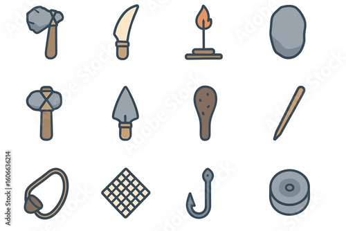 Primitive tools icons set: stone axe, flint knife, fire, hammer, spear, fishing hook