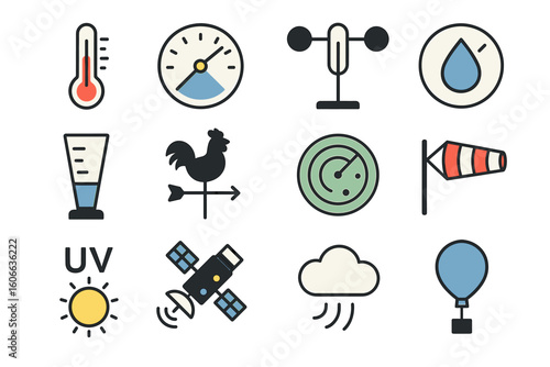Weather instrument icons: thermometer, anemometer, barometer, weather vane, radar, windsock