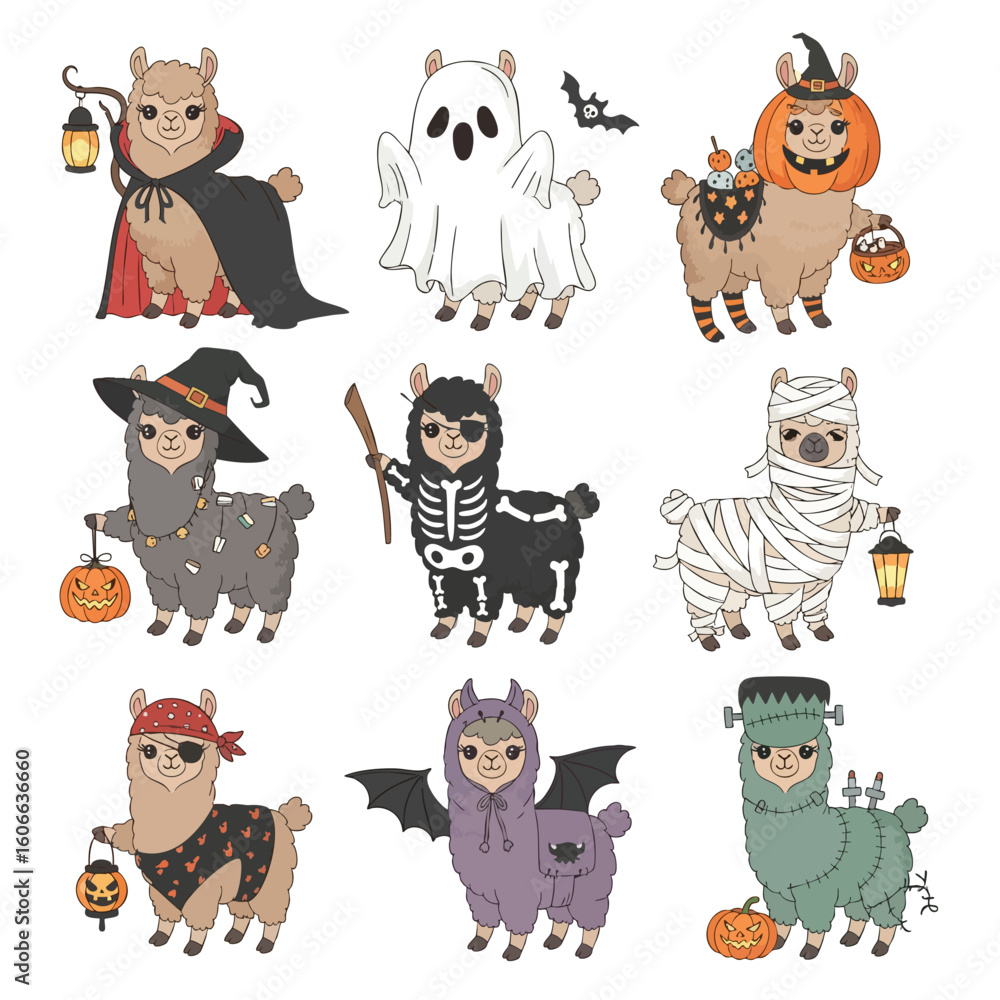 Fototapeta premium Halloween Llama Characters: A charming collection of llama characters, each adorned in delightful Halloween costumes, brings a playful and festive vibe to the spooky season. 