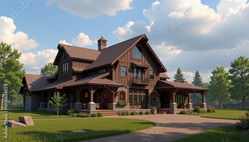 Wallpaper Mural Barndominium concept. Charming rustic house surrounded by greenery under a bright sky. Torontodigital.ca