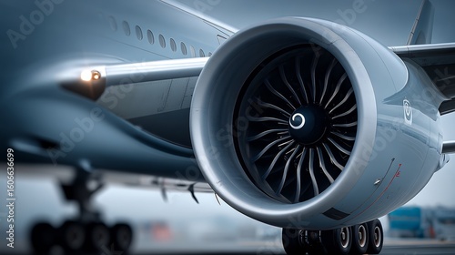 Close-up of a commercial airplane engine showcasing its powerful turbine blades