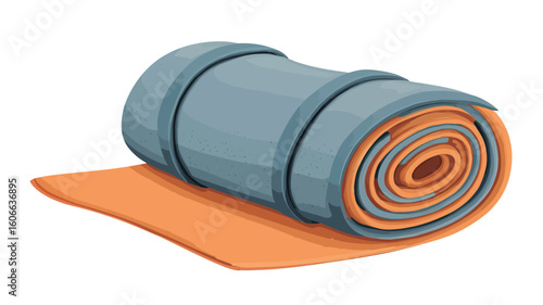A digitally rendered image shows a rolled-up camping or yoga mat.  The mat is predominantly light gray/blue on the outside and orange on the inside. It is tightly rolled and secured with straps.