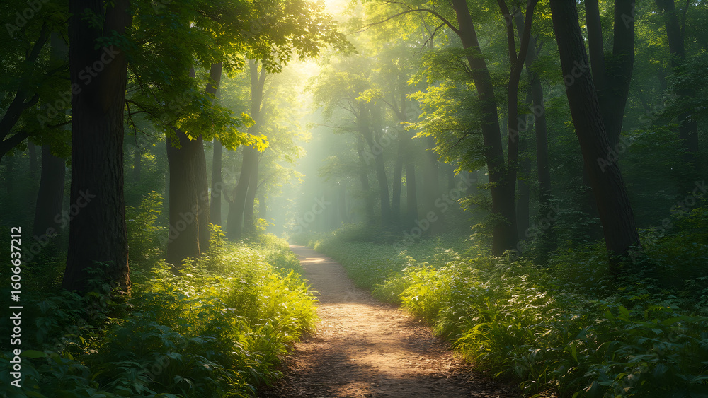 Fototapeta premium Mystical forest trails for hiking. Dappled sunlight through dense foliage. Explore enchanted nature paths. Discover serene outdoor adventures.