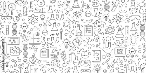 Seamless pattern of scientific research icons. Doodle style illustration background with chemistry, biology, and physics symbols.