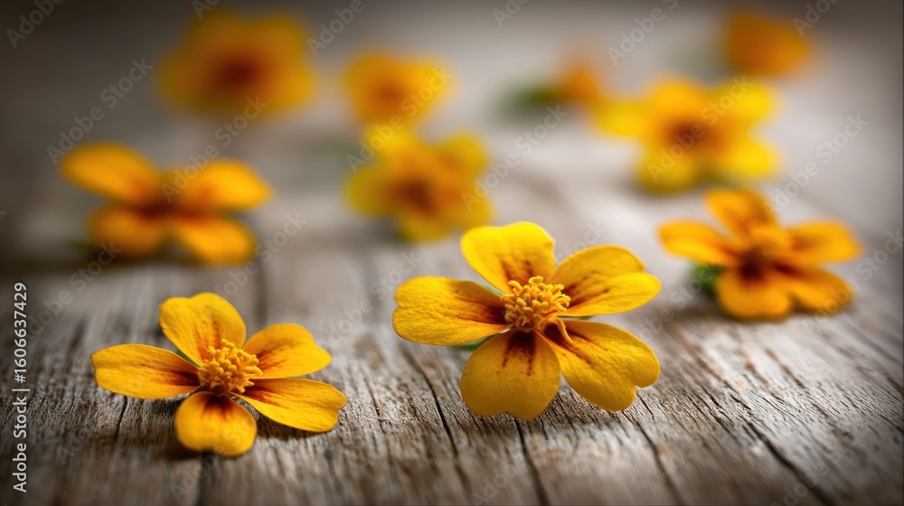 Close-up of vibrant yellow flowers on weathered wood. Close-up of vibrant yellow flowers on weathered wood.