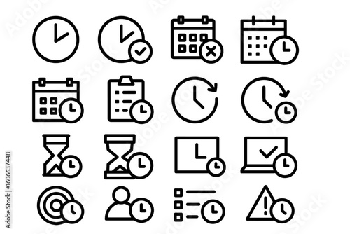 Set of time management icons featuring clocks, calendars, and hourglasses