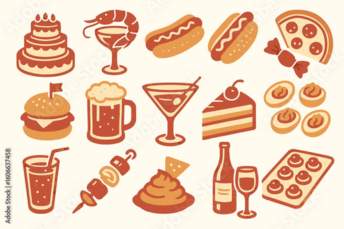 Retro food icons: cake, pizza, drinks, and snacks in vintage style