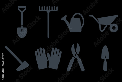 Silhouette of essential gardening tools on black background