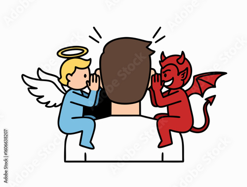 A classic symbol of internal conflict and the inability to make a decision. The angel and the demon on the man's shoulders whisper conflicting advice, reflecting the struggle of motives and doubts.