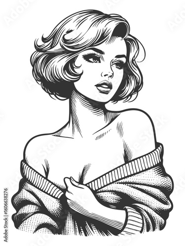 Woman in Sweater revealing shoulder sketch engraving generative ai fictional character vector illustration. Scratch board imitation. Black and white image.