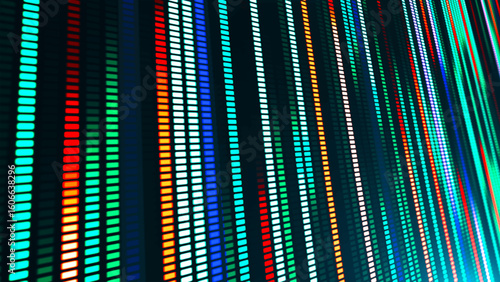 An illustration with many colored glowing lines and square segments going into the distance. The effect of movement from neon light. Suitable for themes related to technology, futurism and club