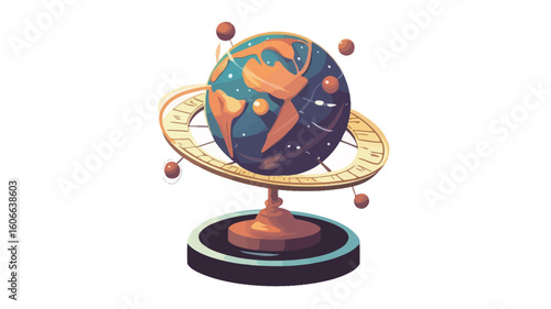 A digital illustration of an ornate globe depicting Earth, surrounded by smaller celestial bodies (planets or stars). The globe rests on a golden, ringed stand with a dark base. 