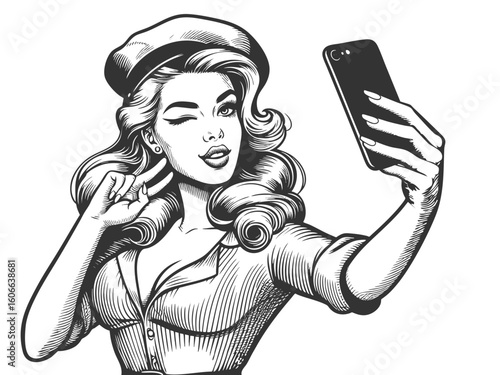 playful woman taking a selfie with a smartphone, winking and smiling confidently sketch engraving generative ai fictional character vector illustration. Scratch board imitation. Black and white image.
