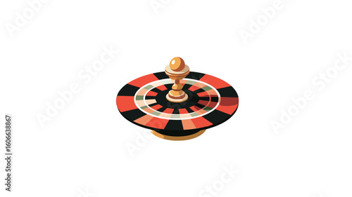 A digital illustration of a roulette wheel. The wheel is depicted in a top-down view, showing its red and black segments arranged in a circular pattern.  A golden-colored central pin or spindle is