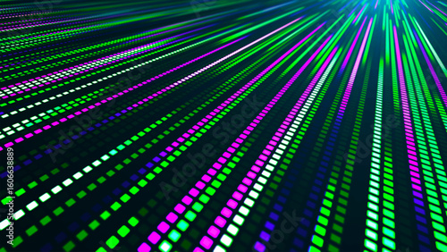 An illustration with many colored glowing lines and square segments going into the distance. The effect of movement from neon light. Suitable for themes related to technology, futurism and club