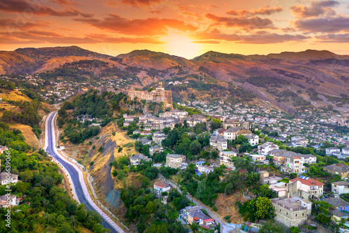 The old castle and fortress of Gjirokaster or Gjirokastra in Southern Albania. Old town is a UNESCO World Heritage Site. Closeup of Architectural Buildings.