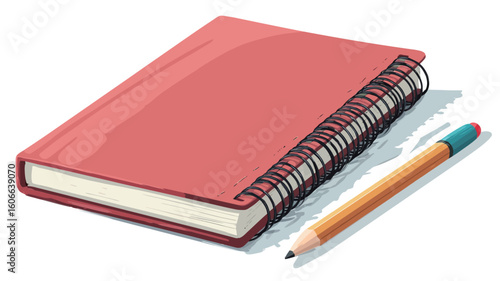 A close-up vector illustration of a red spiral-bound notebook lying horizontally, with a pencil placed next to it on a white background.  The notebook has a glossy, smooth cover. The spiral binding