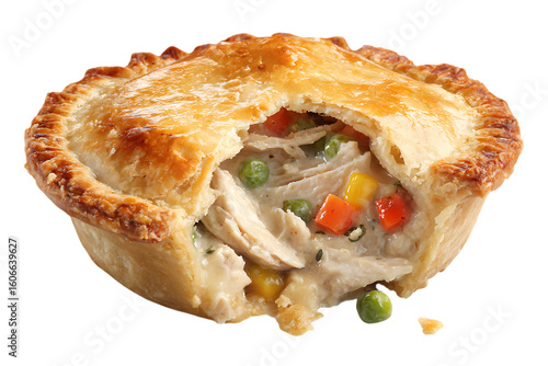 A delicious chicken pot pie with a flaky golden crust and vegetable filling on transparent background