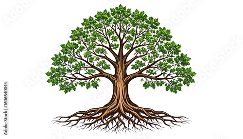 Lush green tree with extensive roots against white background