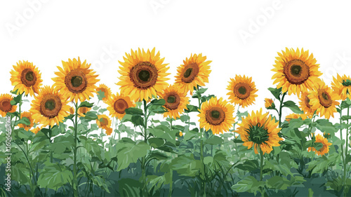 A digital illustration depicting a horizontal border of sunflowers. The sunflowers are bright yellow with dark brown centers and green leaves.  The background is pure white, creating a strong