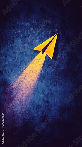 Yellow paper airplane soars upwards, leaving a golden trail against a textured blue background