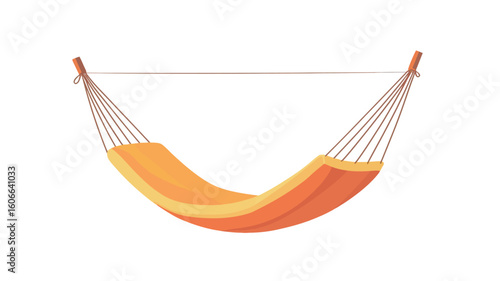 A digital illustration of an orange hammock hanging from two wooden supports against a solid white background. The hammock is depicted in a slightly curved, relaxed position, showcasing its fabric